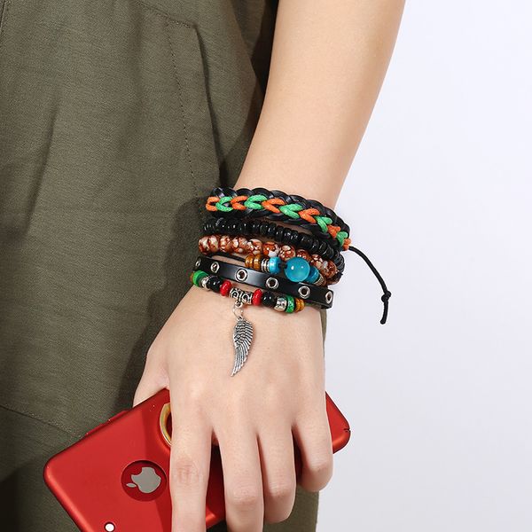 

4pc/set boho genuine leather braided bracelet ethnic style wooden bead sliver leaf feather charm wrap bracelets bangle for women, Golden;silver