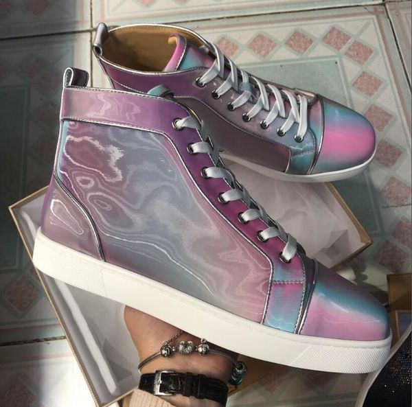 

2020 brand модельер высокого верха casual туфли с красной подошвой для женщин мужчины блестящая кожа sneaker walking красный bottom свадебно, Black