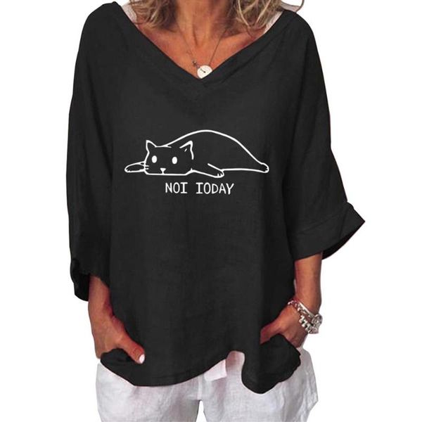 

vicabo oversized winter autumn t-shirt cat print women clothing long sleeve v-neck female 5 color 8 sizeloose tees tshirts, White