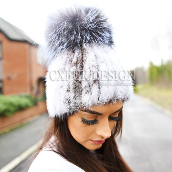 

cx-c-16e winter warm elastic fur poms cap real beanie hats for women, Blue;gray