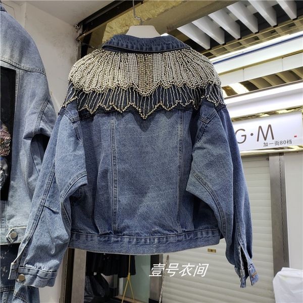 

handmade beaded european station heavy industry denim jacket female 2020 spring new pearl style loose fashion jacket tide, Black;brown