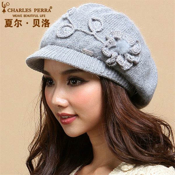 

charles perra women winter hats caps thermal double layer warm wool knitted hat casual fashion elegant beanies skullies 2855, Blue;gray