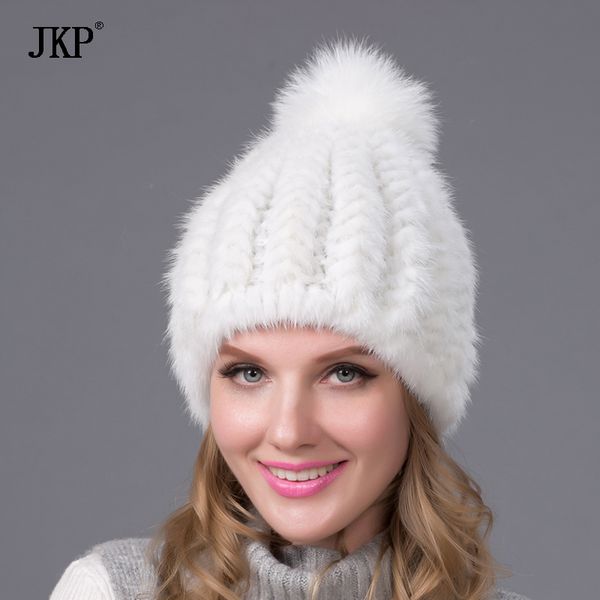 

beanie/skull caps jkp russia real natural cap fur pom knitted women hat beanies, Blue;gray