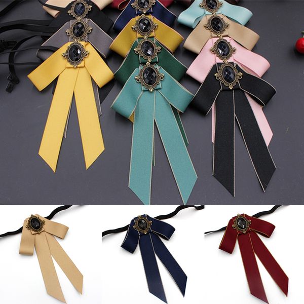 

women bow tie vintage lady head crystal ribbon tassel brooch chic girls elegant costume jewelry collar pin girl cravat, Blue;purple