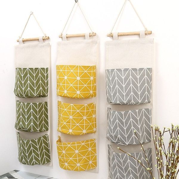 

storage boxes & bins 3 pockets cotton linen wall hanging bags door pouch bedroom home pocket decor bag pf90915