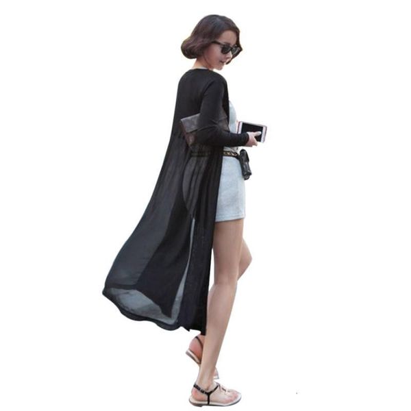

korean style sunscreen cardigan shawl long sweater coat women modal chiffon stitching long sleeve solid sweaters cardigan, White;black