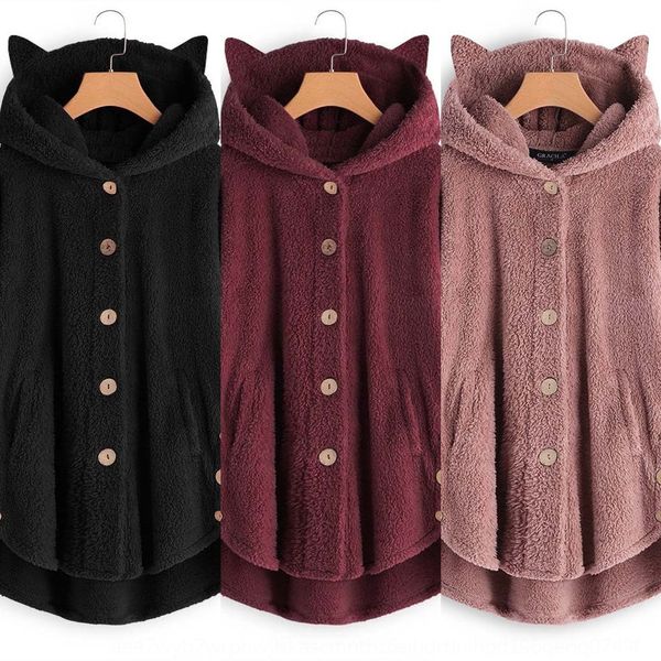 

2020 autumn and winter button hooded coatbutton coat cat ear plush irregular fashion brand solid color coat for women koxpk, Black
