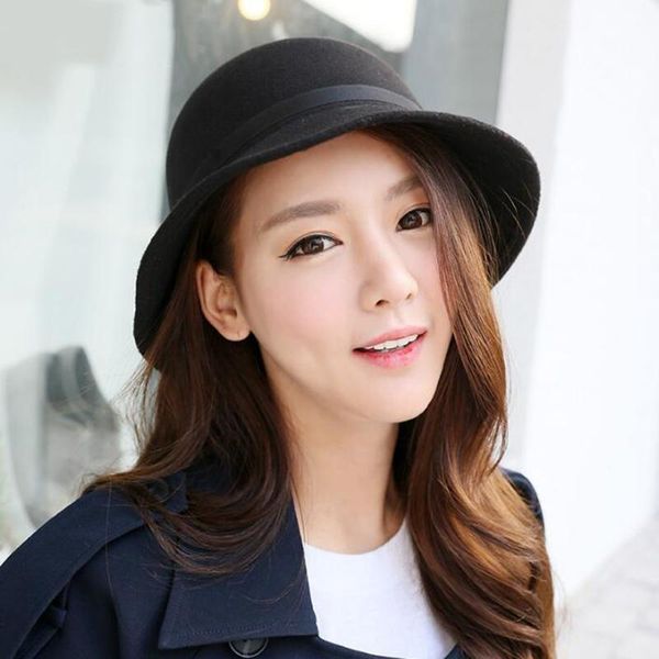 

sombreros women faux wool bucket hats fashion outdoor bowler cap with bowknot female cap hair accessories sombreros de mujer, Blue;gray