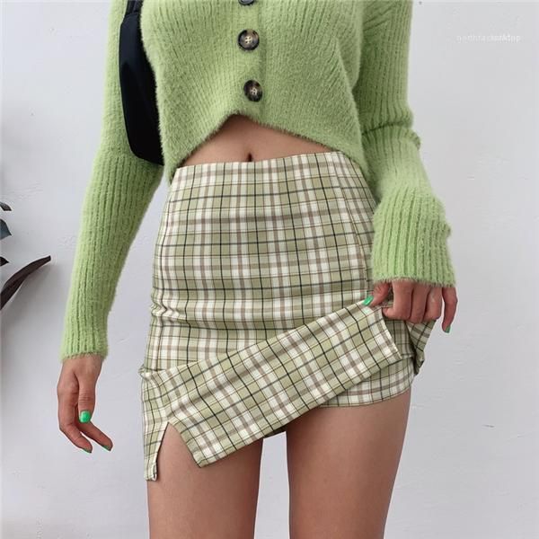 

plaid print skirt with two small front slits lined plaid mini skirts designer skirt womens back zipper opening, Black