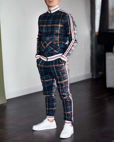 

mens tracksuits 2020 new autumn men casual plaid print two-piece suits fashion male europe and america sportswear sets 5 styles size -3xl, Gray