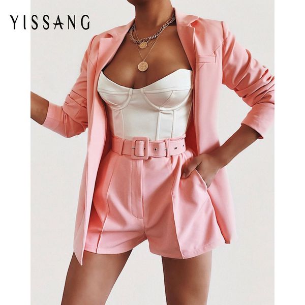 

yissang осень blazer для женщин куртки из двух частей установить с длинным рукавом crop top шорты пант костюм одежда наборы дамы офис наряды, Gray