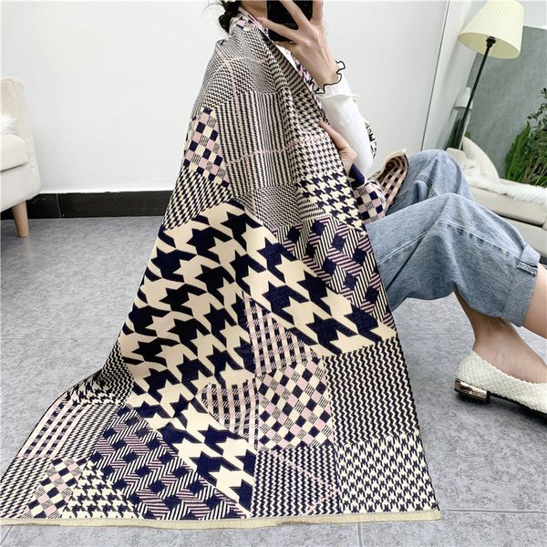

2020 women houndstooth cashmere scarves female winter thick warm wool blanket scarf shawl wraps foulard stole, Blue;gray