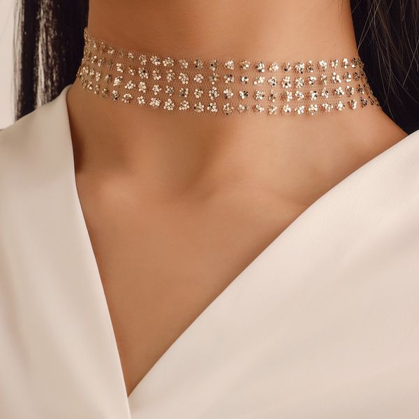 

chokers fashion wide metal collar choker necklaces for women shiny sequins gauze mesh chocker necklacetemperament jewelry a005, Golden;silver
