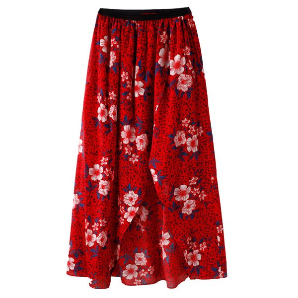 

women skirt silk print elasticated high waist split skirt, Black