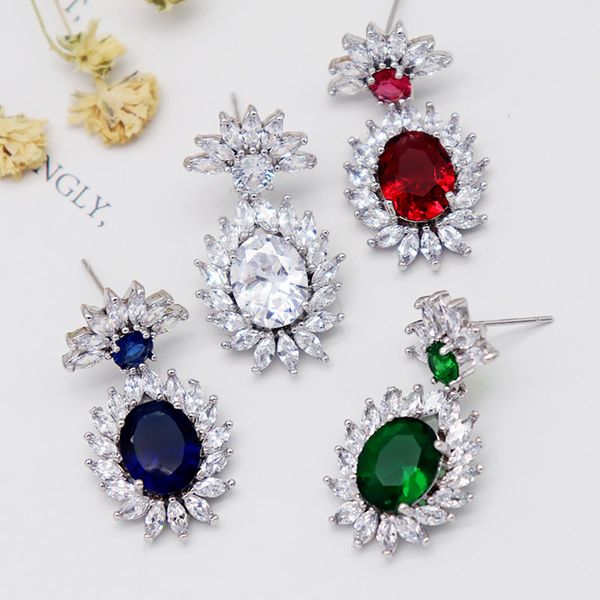

classic shiny s925 pin earrings inlaid red blue green white high-grade zircon high-quality female banquet bride fashion earrings, Silver