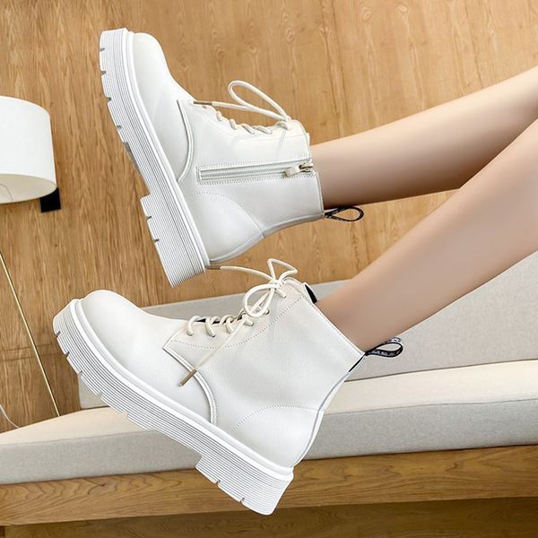 

lace up shoes women's boots autumn boots-women luxury designer booties ladies flat heel round toe rock 2020 fashion ankle med, Black