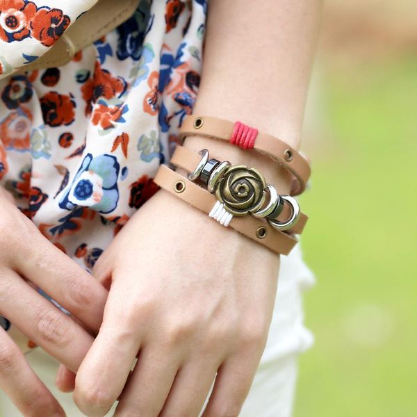 

tennis 2021 fashion multi-layer brown woman bracelet leisure copper rose leather lady bohemia style jewelry, Golden;silver