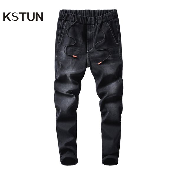 

kstun black jeans men 2020 autumn elastic waist drawstring skinny slim fit casual pants male trousers streetwear quality brand, Blue