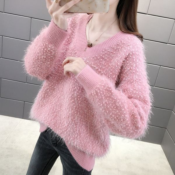 

women fashion v neck solid color ball appliques knitting sweater ladies long sleeve casual sweaters chic pullovers, White;black