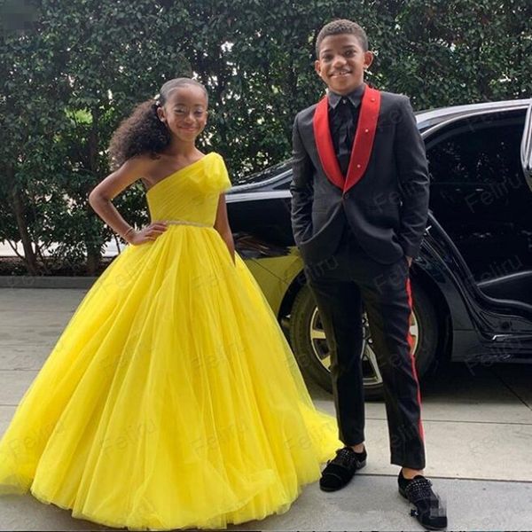 

yellow tulle girl princess flower girls' dresses one shoulder girls glitz pageant dresses with beaded, Blue