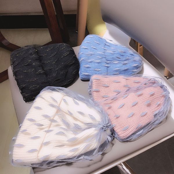 

202009-yy cute winter warm dot mesh gold line fashion leisure lady skullies beanies cap women cool hat, Blue;gray