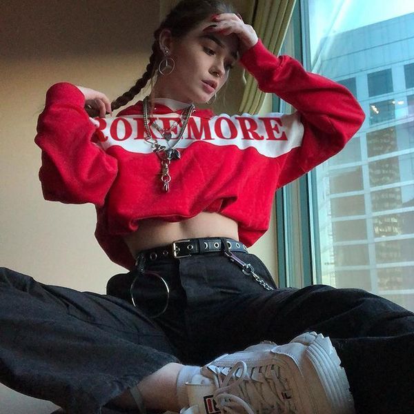 

cropped letter print patchwork hoodies women hooded streetwear loose adjustable waist hoodie drop shipping good quality, Black