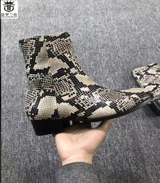 

boots fr.lancelot 2021 cool snakeskin print leather fashion real ankle shoes high zip up motorcycles men booties, Black