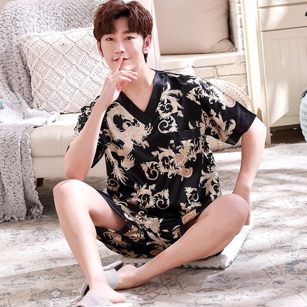 

men's sleepwear 2021 summer short sleeve silk satin v-neck pajama sets for men soft suit male lounge wear pyjama homewear home clothes, Black;brown