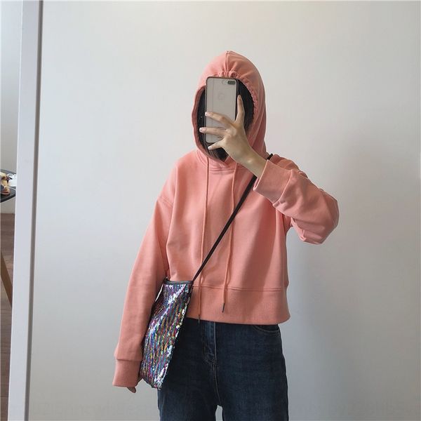 

muzi19 autumn/white basic coat short hoodie women's versatile loose slimming pullover hoodie short coat s27gt, Black