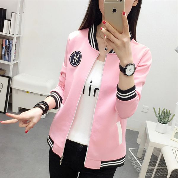 

fashion women zipper long sleeve jacket coat outwear stylish casual baseball uniform female autumn pink cropped jacket, Black