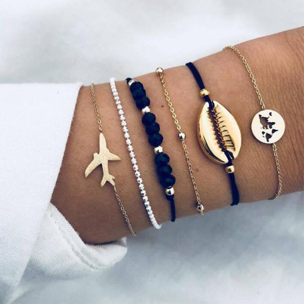 

bangle 6 pcs/set women fashion gold shell airplane black crystal beaded multilayer braided bracelet girl beach jewelry
