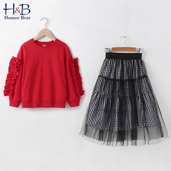 

humor bear girls suit spring autumn outfit 2020 new lace sweater +mesh plaid skirt 2pcs sets princess children's clothing 4-13y, White