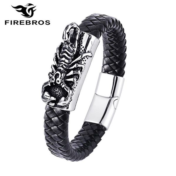 

link, chain firebros magnet stainless steel scorpion charm 12mm genuine leather bracelet chunky exaggerated bangle men vintage punk jewelry, Black