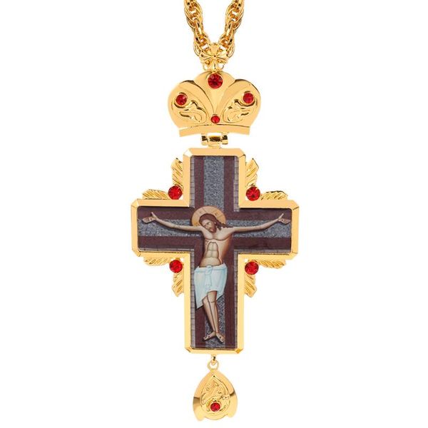 

pendant necklaces chest muscle cross byzantine orthodox gold color with red crystal long chain 120cm, Silver