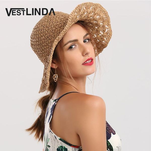 

vestlinda hat summer wide brim folding crocheting straw hat sun hats for women sunproof street wear fashionkhaki beach, Blue;gray