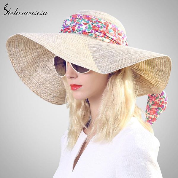 

sedancasesa style large brim straw hat women girls sun hat fashion uv protect bow summer beach holiday 57cm sw012546, Blue;gray