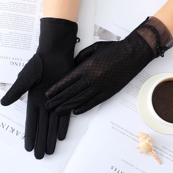 

women lace sunscreen gloves summer lady elegant stretch touch screen glove breathable anti uv slip resistant driving gloves, Blue;gray