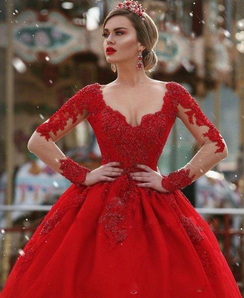 

charming red 2020 lace wedding dresses long sleeves beading formal bridal gowns key hole back puff new vestidos de novia, White