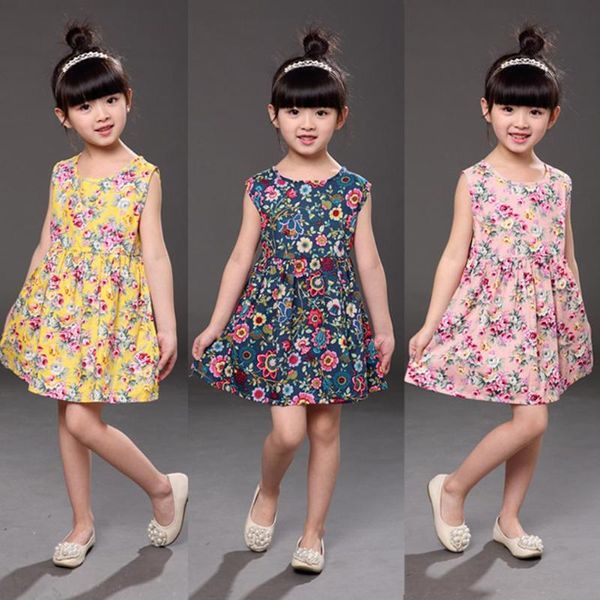 

kids girls summer dress o-neck sleeveless floral print a-line cute princess baby girl christmas, Red;yellow