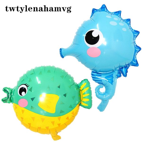 

cartoon new blue seahorse green puffer fish sea animal foil balloon seaside beach summer party scene theme decoration boy's gift