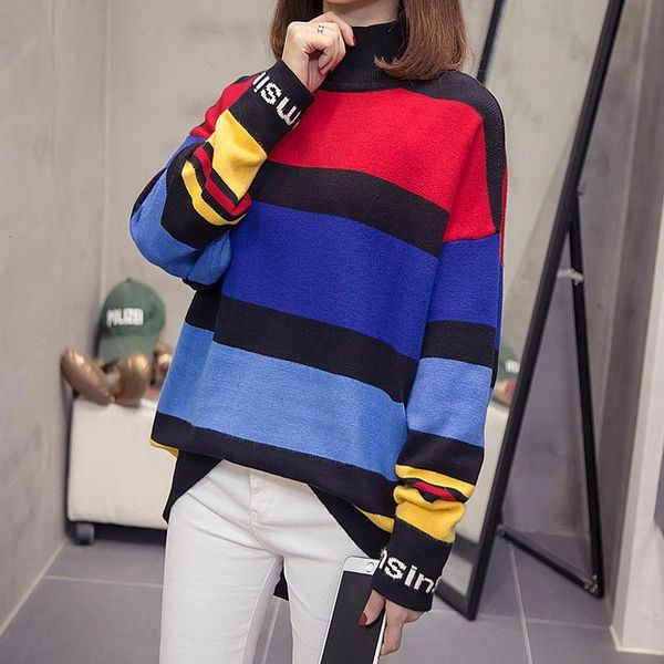 

new 2020 autumn winter sweater for women street casual knitting pullovers loose plus size striped long sleeve korean style, White;black