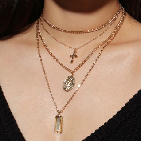 

pendant necklaces bohemia gold color cross layered necklace jesus virgin mary chain easter day's gift for women jewelry, Silver
