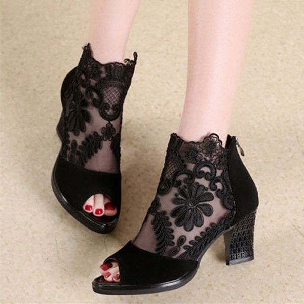 

dress shoes summer mesh peep toe sandals women 2021 breathable heels single in europe america pumps gauze mujer, Black