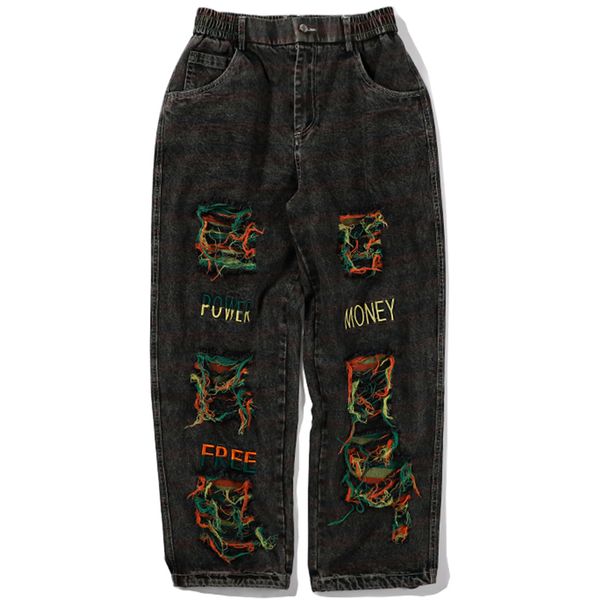 

men's jeans biker men embroidery letter destroyed distressed hip hop pants denim fashion streetwear male harem joggers baggy trousers, Blue