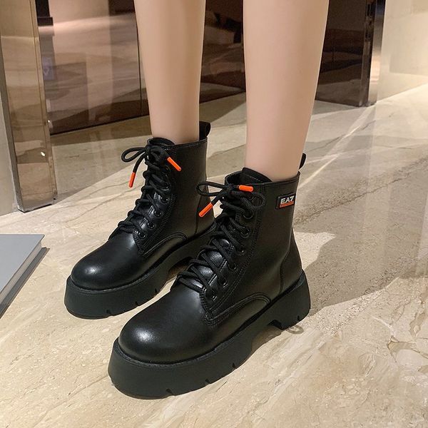 

shoes med heel boots booties ladies round toe boots-women luxury designer lace up riding rubber lolita rock 2020 fashion autumn, Black