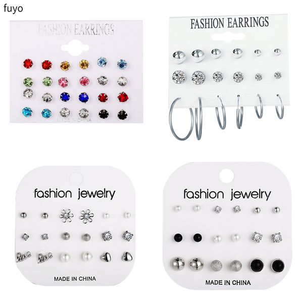 

12 pairs stud earrings set circle zircon balls heart flowers earrings women girl imulated pearl wedding bride jewelry, Golden;silver