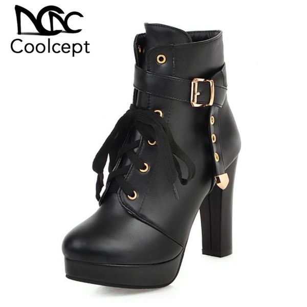 

coolcept size 33-43 women ankle boots warm fur high heel winter shoes women new fashion platform rivets buckle motorcycle boots, Black