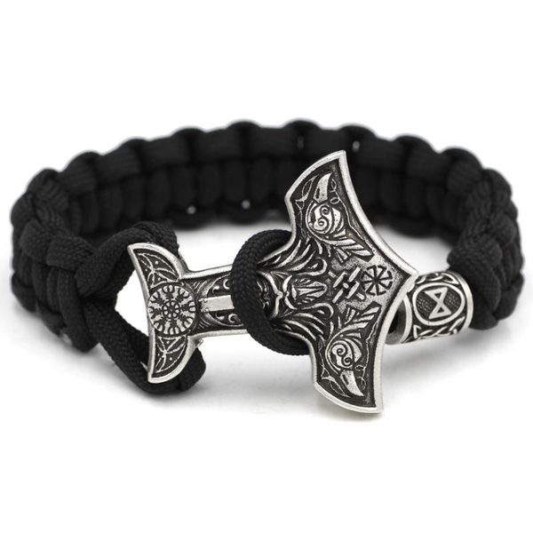 

men viking amulet odin face with raven thor hammer bracelet, Black