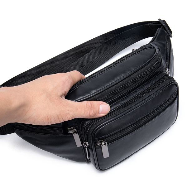 

casual mens waist bag pack leather shoulder bag functional chest bags black money phone bag sheepskin crossbody handbag