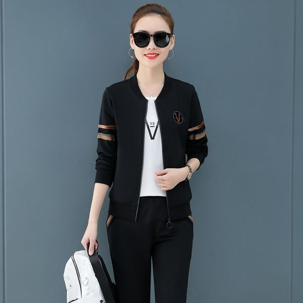 

весна спорт женщин и осень 2020 новая мода большой размер свободный длинный рукав работает спортивная одежда костюм-тройка модный спортивный, Gray